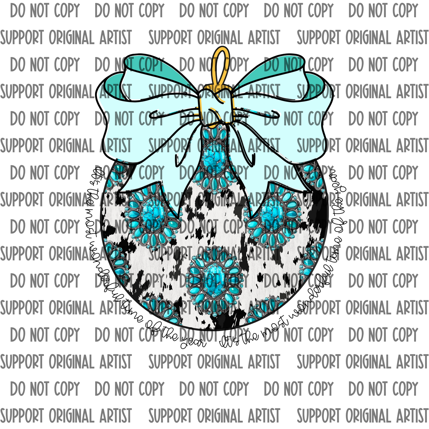 TURQUOISE COW PRINT WITH LIGHT BLUE BOW ITS THE MOST WONDERFUL TIME OF THE YEAR PNG