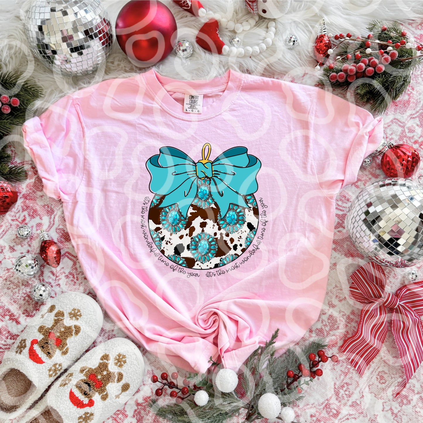 TURQUOISE BROWN COW PRINT WITH TEAL BOW ITS THE MOST WONDERFUL TIME OF THE YEAR PNG
