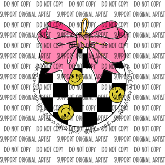 CHECKERED SMILEY WITH PINK BOW ITS THE MOST WONDERFUL TIME OF THE YEAR PNG