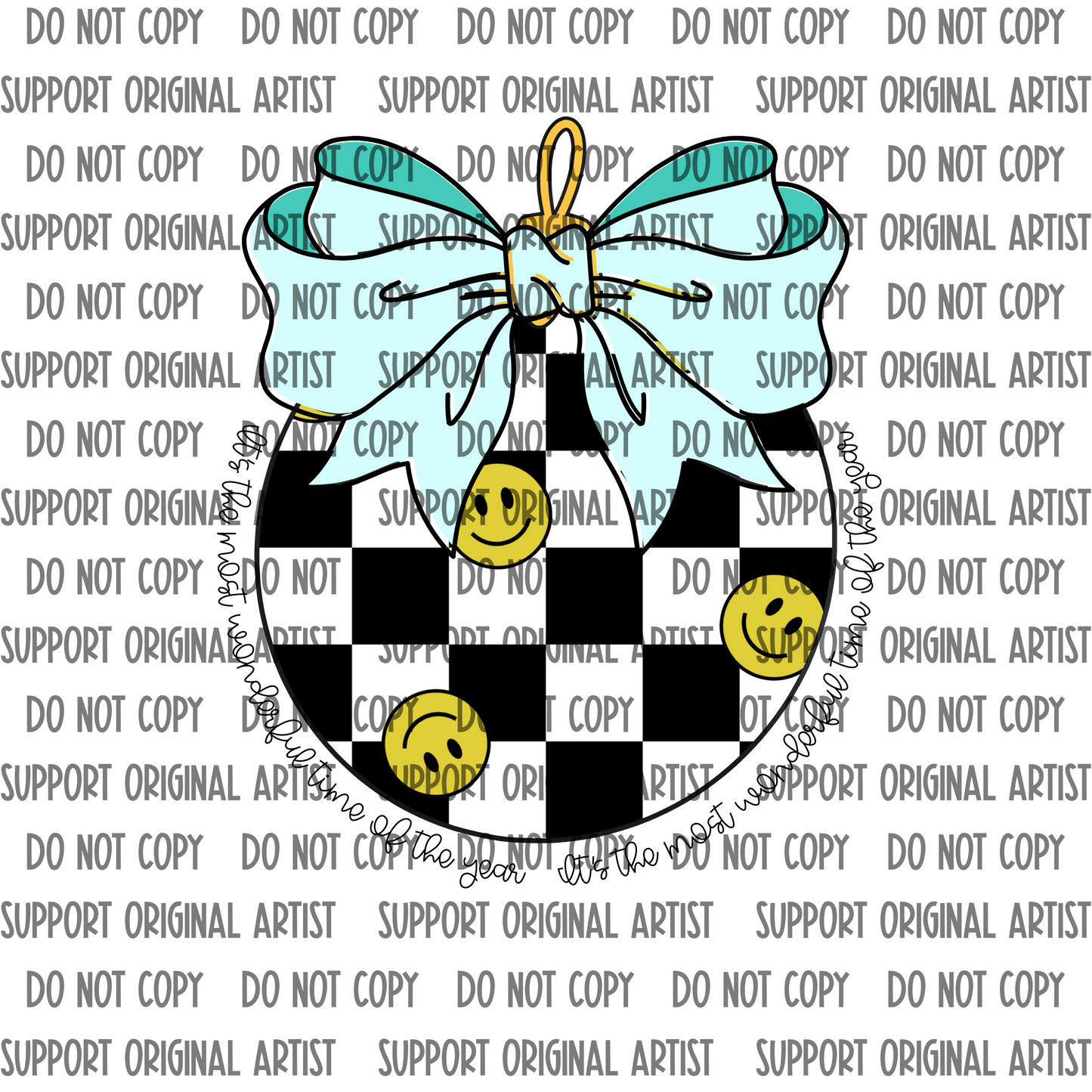 CHECKERED SMILEY WITH TEAL BOW ITS THE MOST WONDERFUL TIME OF THE YEAR PNG