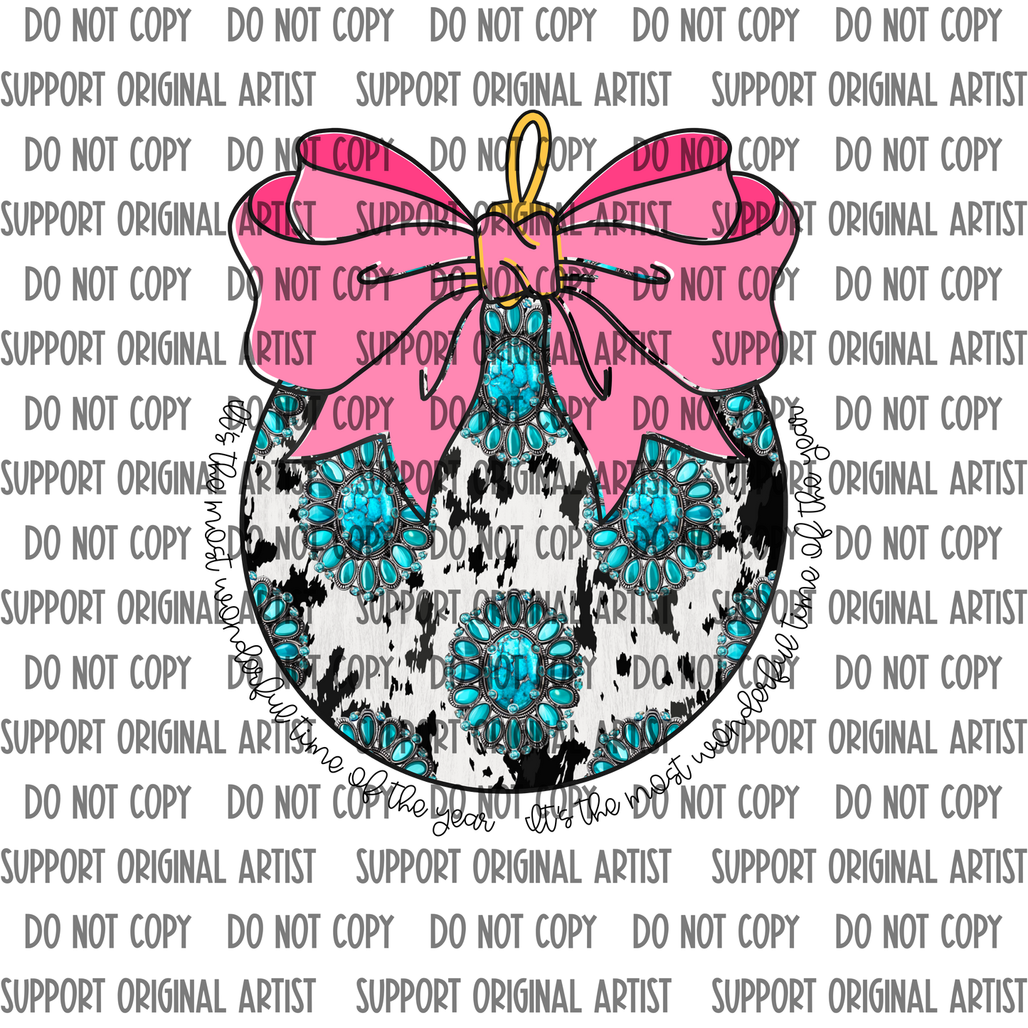 TURQUOISE COW PRINT WITH PINK BOW ITS THE MOST WONDERFUL TIME OF THE YEAR PNG