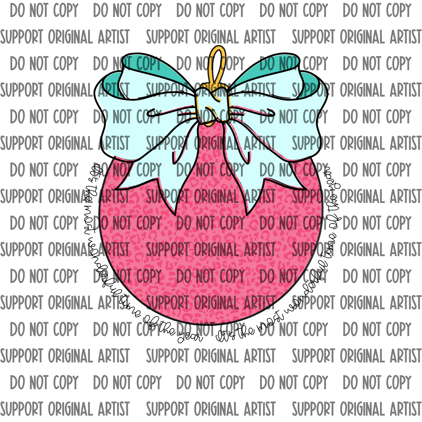 PINK CHEETAH TEAL BOW ITS THE MOST WONDERFUL TIME OF THE YEAR PNG